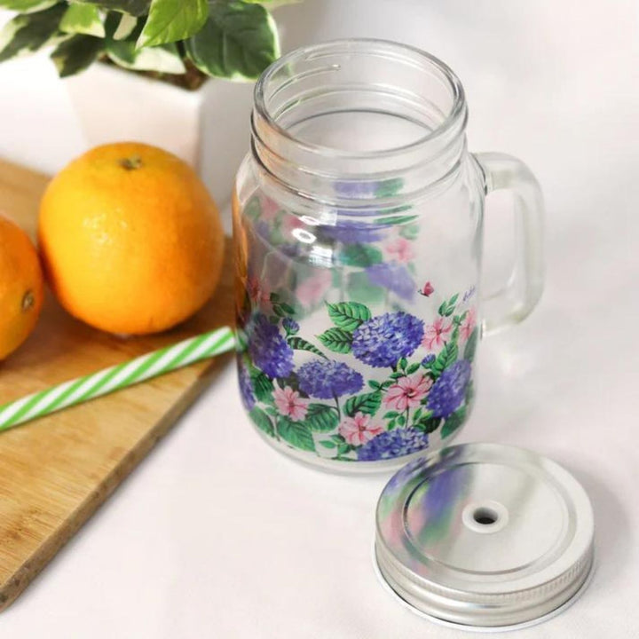Botanical Print Mason Jar with Metal Lid & Straw | 500 ml