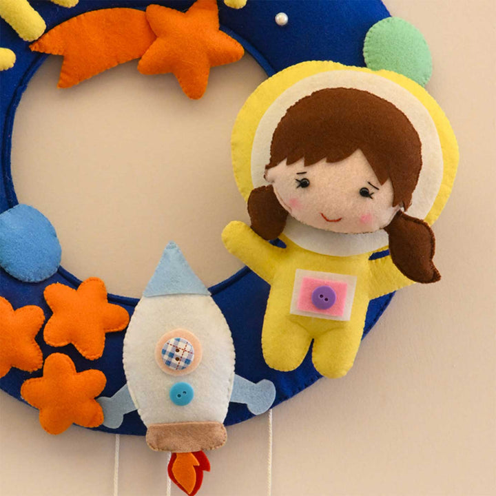 Personalized Space Voyager Theme Round Felt Kids Nameplate - Close-up of Decorative Elements