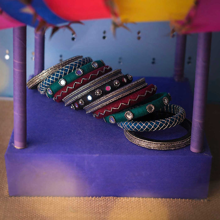 Multicolour Handcrafted Krisha Silver Beads & Mirror Work Bangles | Set of 11