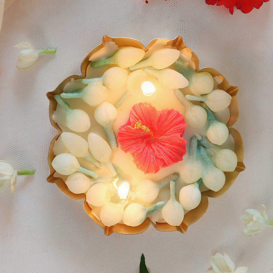Mogra Handmade Floral Soy Wax Scented Metal Urli Candle