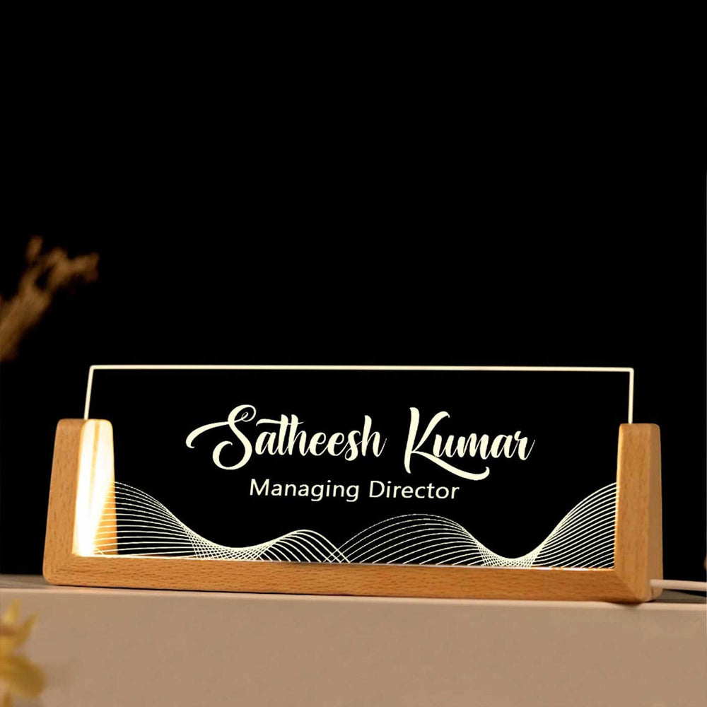 Personalized Profession Wave Pattern Sleek Glass Desk Nameplate With Led Light - Name Personalization Example on Stand