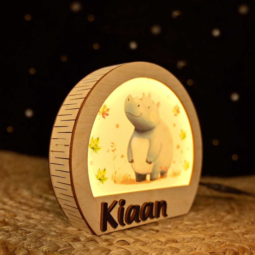 Personalized Hippo Theme Wooden Table Lamp For Kids With 3D Letters