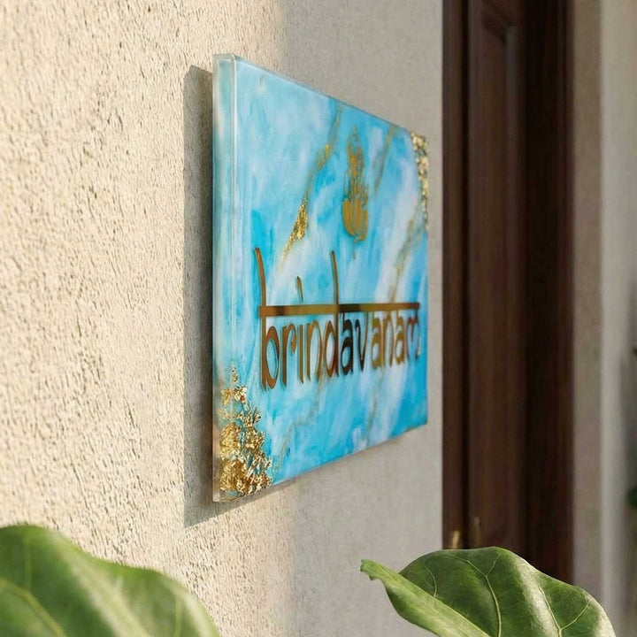 Blue Personalized Marble Effect Rectangle Resin Name Plate | With 3D Acrylic Letters & Gold Stone Embellishment