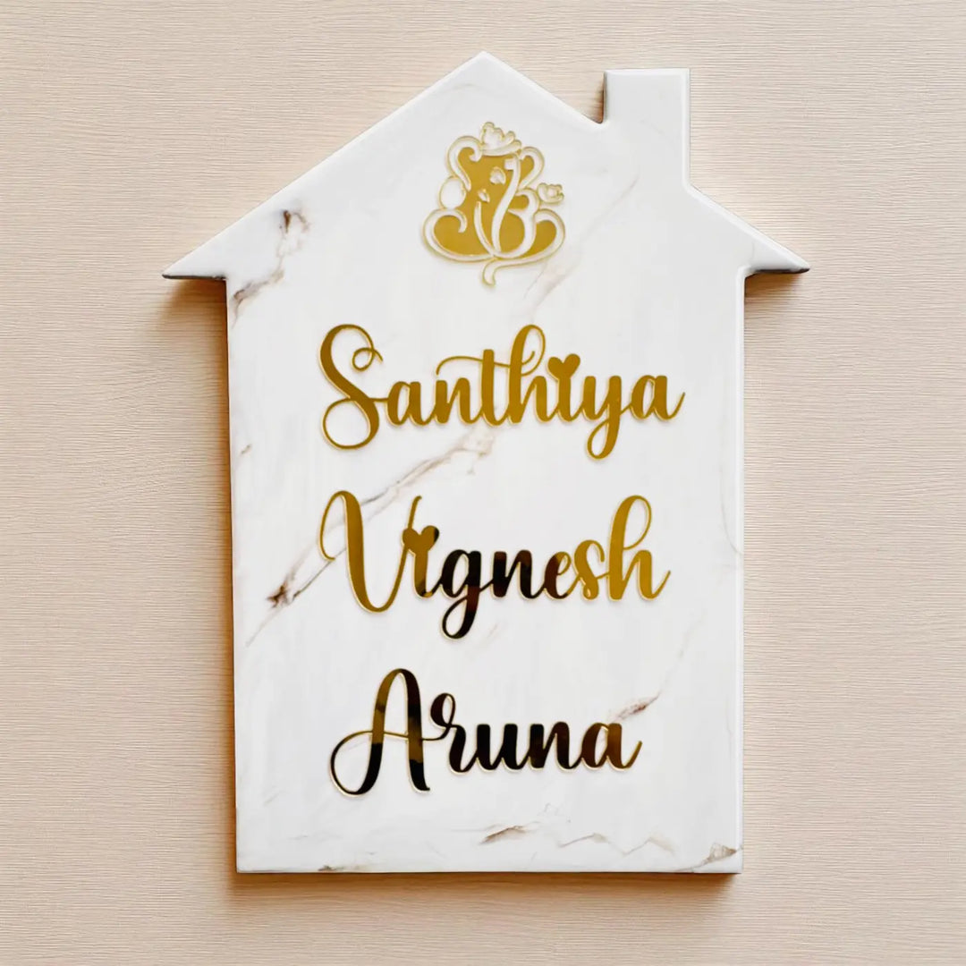 White Minimal Personalized Marble Effect House Shape Resin Name Plate | With 3D Acrylic Letters