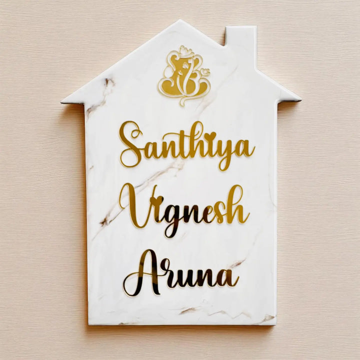 White Minimal Personalized Marble Effect House Shape Resin Name Plate | With 3D Acrylic Letters
