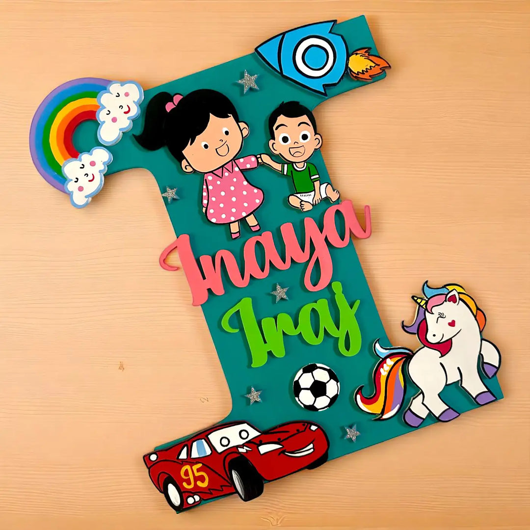 Personalized Initial Monogram MDF Wood Kids Name Plate For Siblings