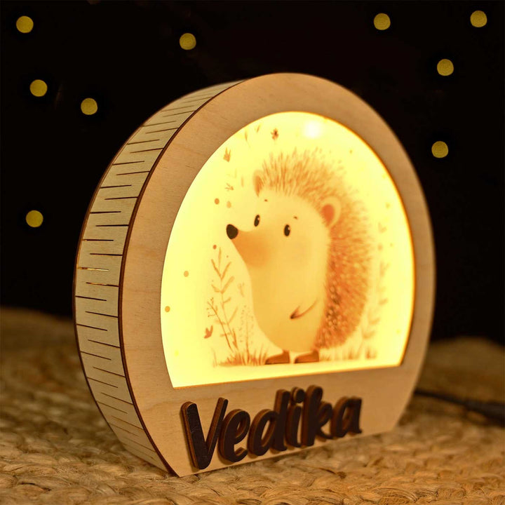 Personalized Hedgehog Theme Wooden Table Lamp For Kids With 3D Letters