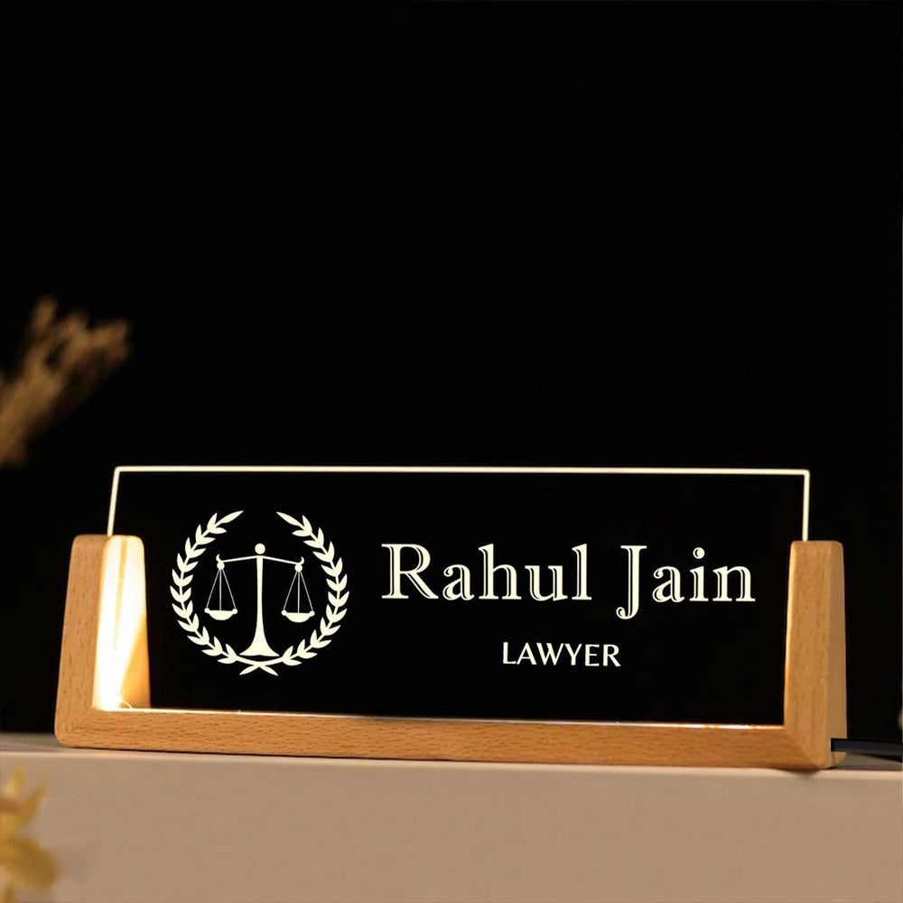 Personalized Lawyer Sleek Glass Desk Nameplate With Led Light - Front View on Wooden Stand
