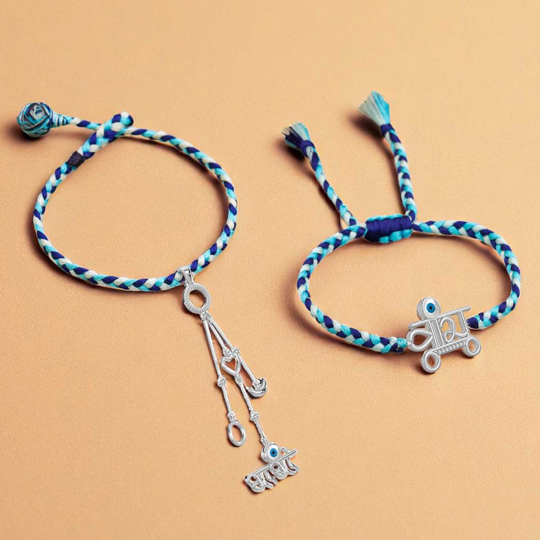Handmade Evil Eye Design Silver Bhaiya Bhabhi Rakhi - Braided Bracelets Flat Lay View
