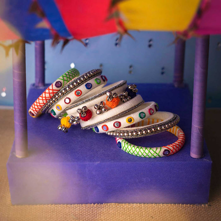 White Handcrafted Harika Ghungroo Embroidery Bangles | Set of 7