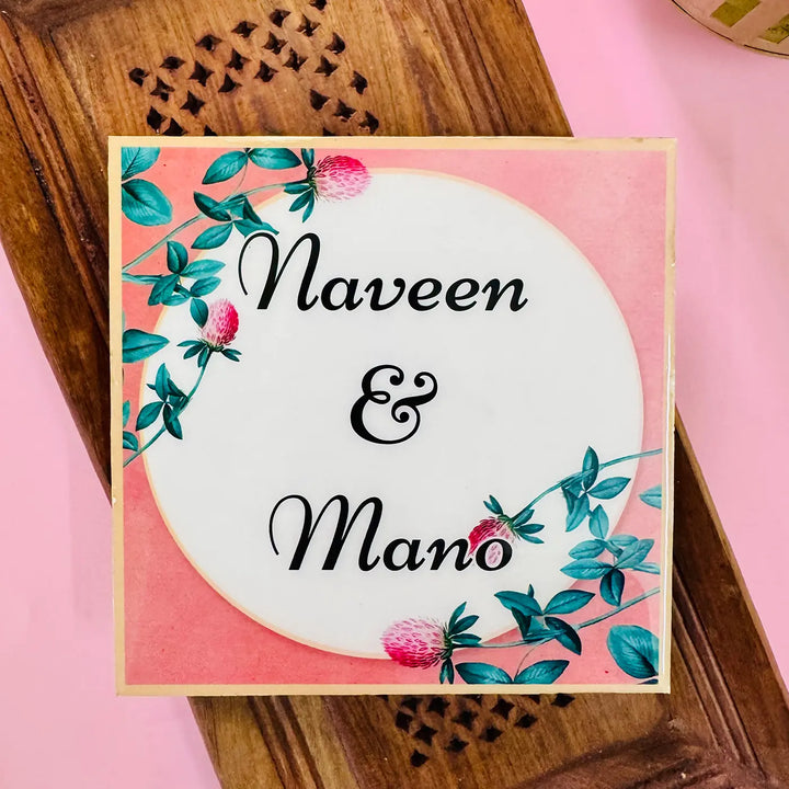 White & Peach Floral Personalized Printed Square Resin Name Plate