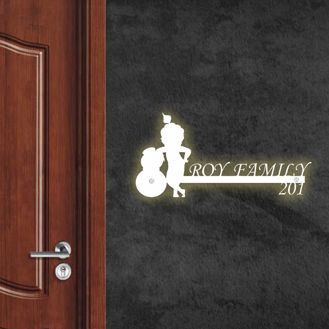 Personalized Little Krishna Laser Cut Metal Name Plate - Mounted on Entryway Wall (6)