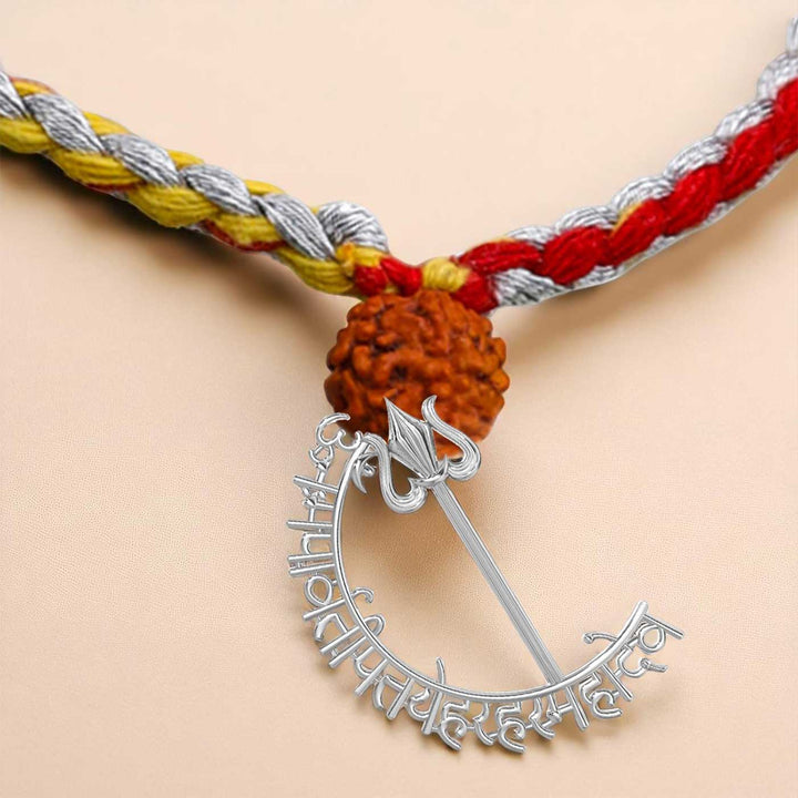 Handmade Mahadev Mantra Silver Lumba Rakhi For Bhabhi - Detailed Brooch Fastener Close-up