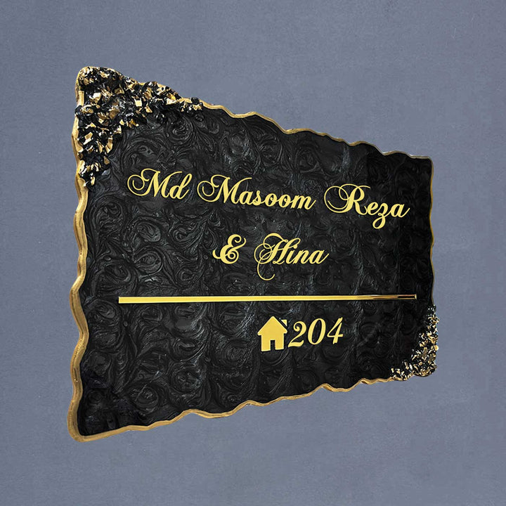 Personalized Resin Metallic Golden And Black Name Plate - Angled Wall Mounted View