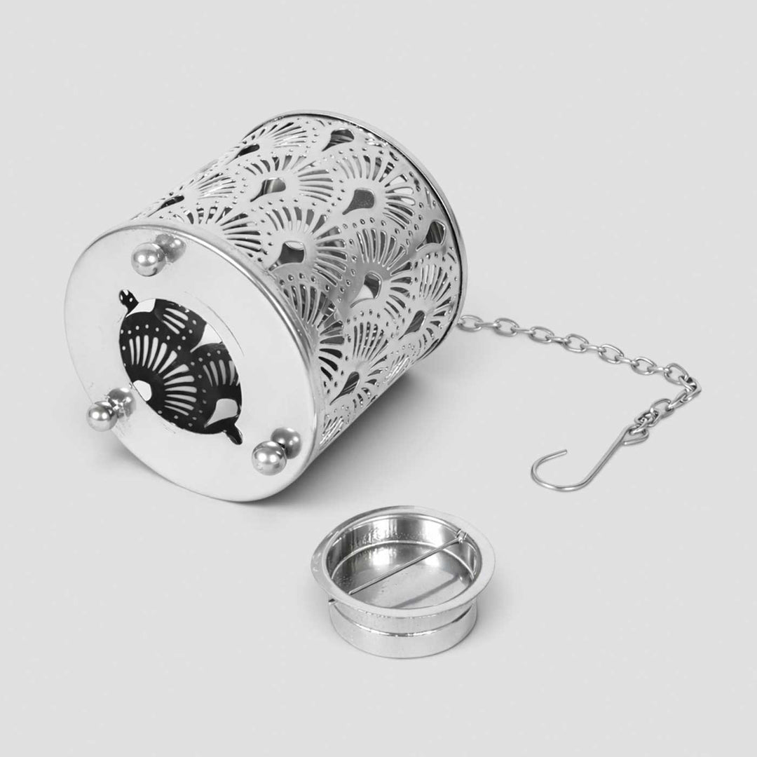 Handmade Silver Round Flower Etched Hanging Metal Tealight Holder For Festive Decor