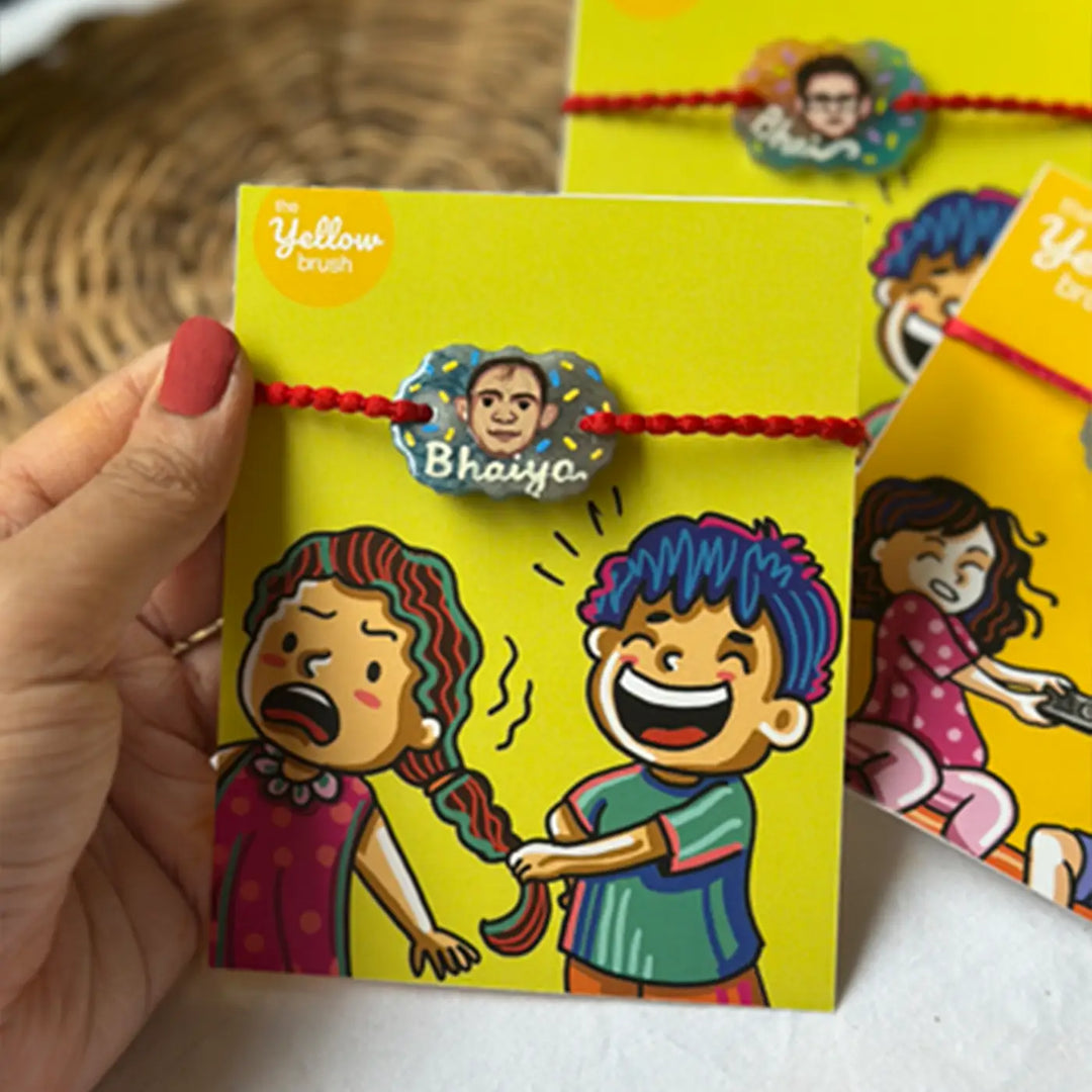 Photo Personalized Hand-Painted Pop Art Illustrated Caricature Rakhi Hamper | Includes 1 Mug, 1 Rakhi