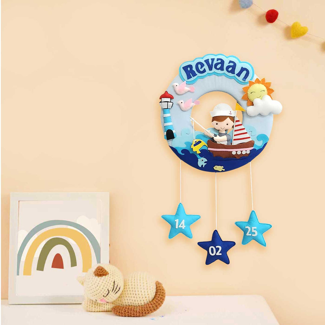 Personalized Fishing Theme Felt Kids Name Plate - Hanging on Nursery Wall Display