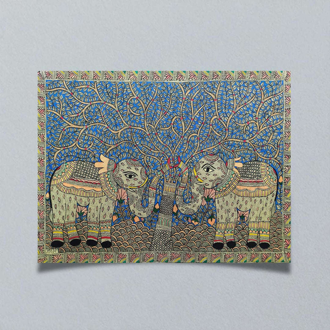 22 x 30 Inch | Elephants Under The Tree | Original Hand Painted Madhubani Painting | Natural Pigments On Paper