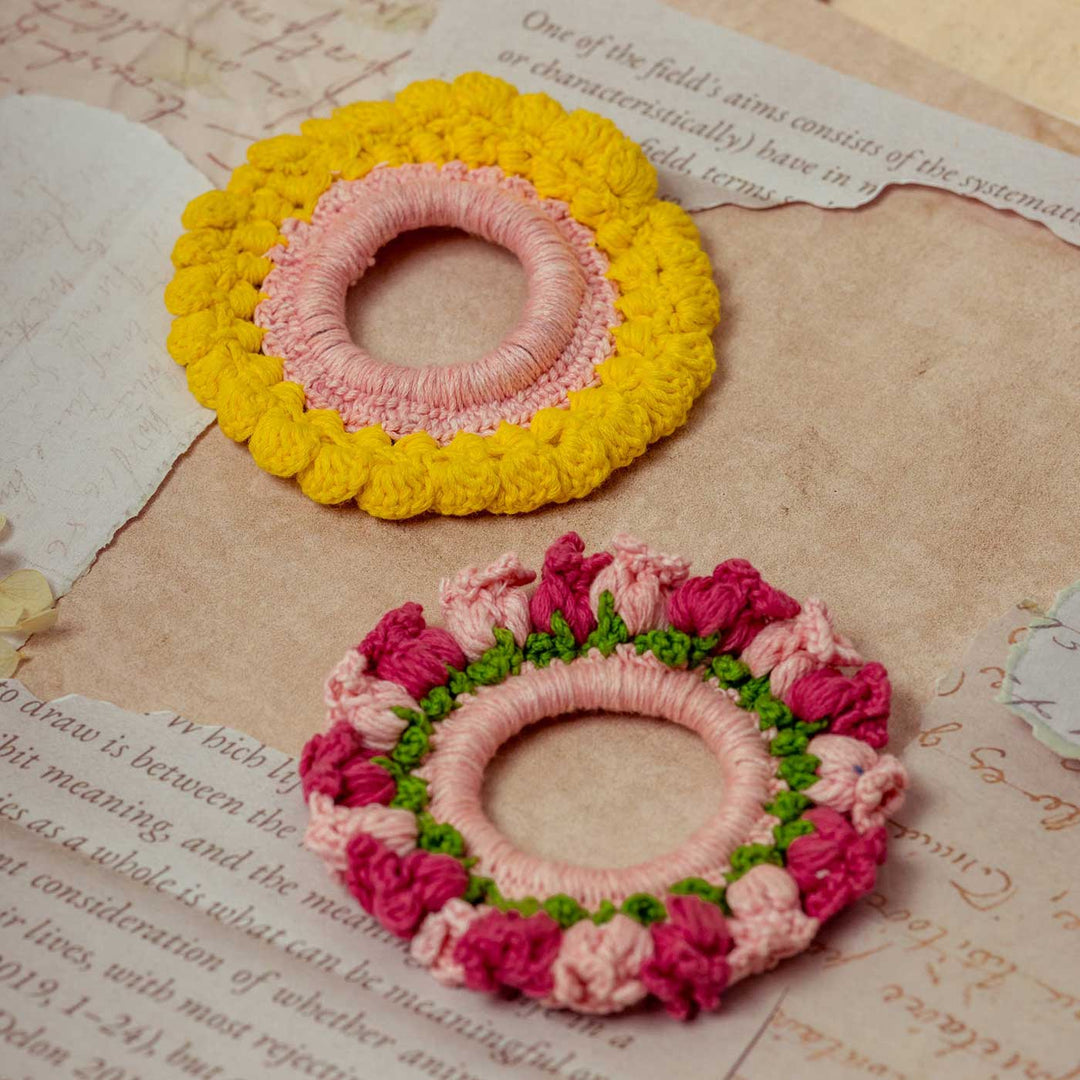 Handmade Crochet Guncha Yellow Pink Foliage Bloom Scrunchie | Set Of 2
