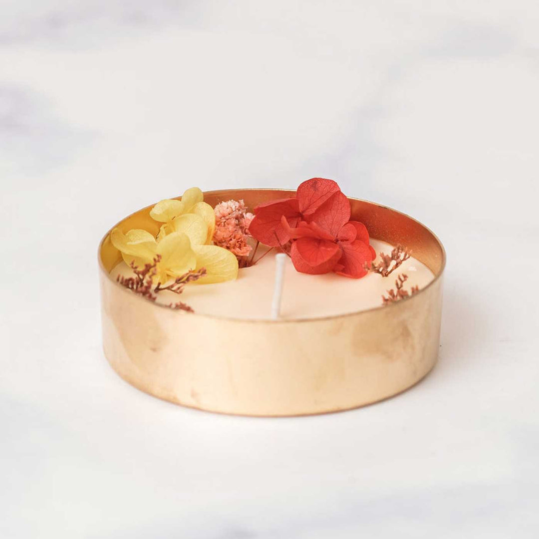3 Inch, Handmade Copper Finish Urli Scented Candle With Dry Flowers