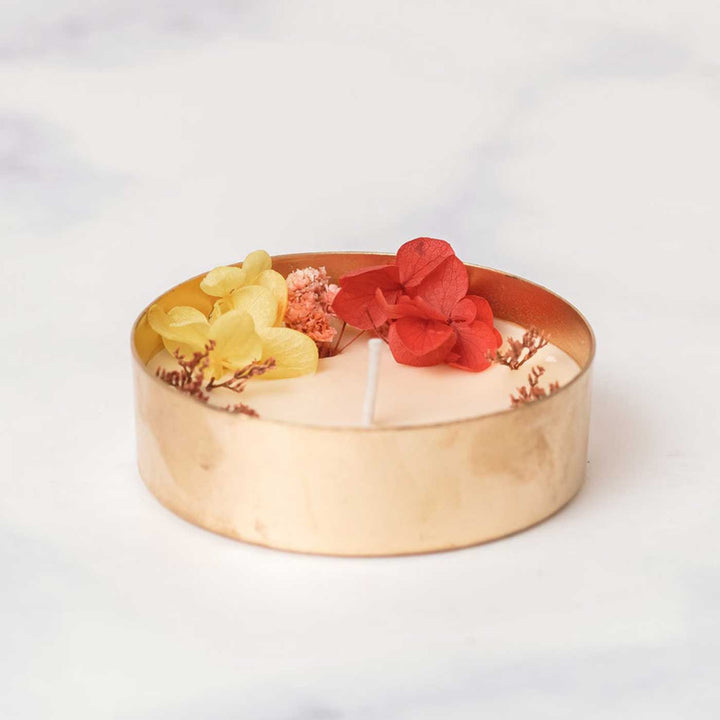 3 Inch, Handmade Copper Finish Urli Scented Candle With Dry Flowers