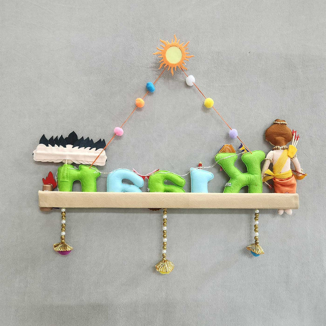 Personalized Shri Ram Ji And Ravan Theme Felt Kids Name Plate - Front View Hanging on Wall (9)