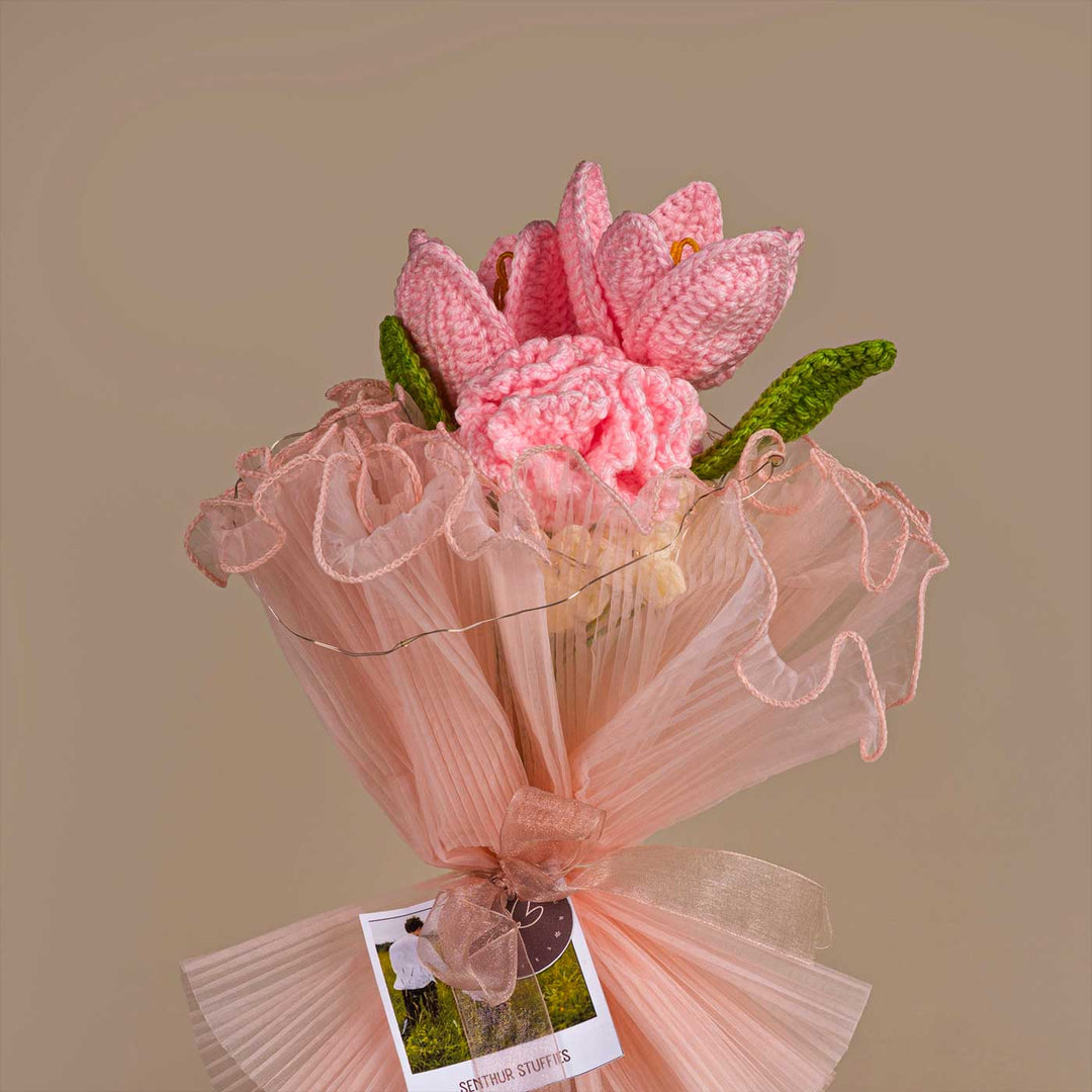 Handmade Crochet Pearl Petals Flower Bouquet With Lights | Includes Photo & Greeting Card