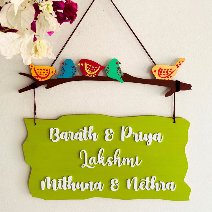 Personalized Sparrow Family Plank Nameplate - Hanging Name Personalization Display