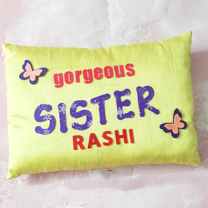 Personalized Gorgeous Sister Felt Rakhi Hamper With Roli Chawal Includes 1 Pillow 1 Rakhi - Front View without Rakhi (4)