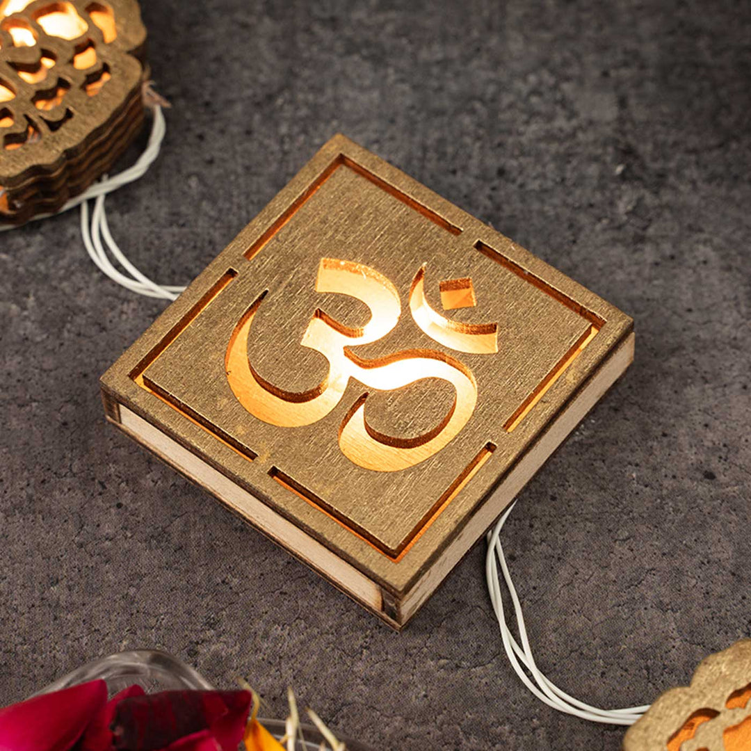 3 m, 11 Bulbs | Handmade Decorative Om & Swastik Shape 3D Wooden LED Fairy Light