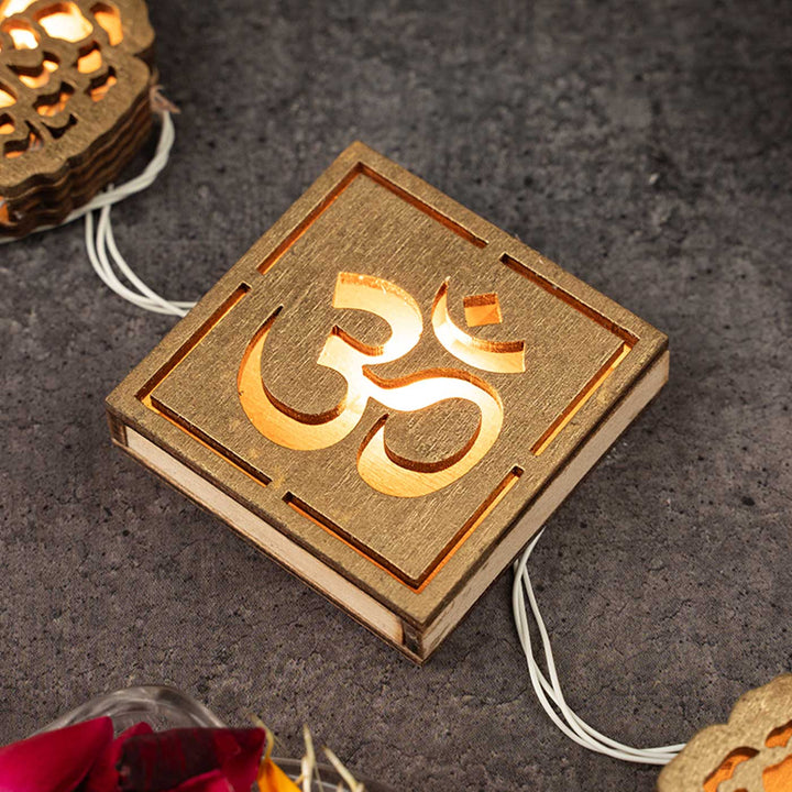 3 m, 11 Bulbs | Handmade Decorative Om & Swastik Shape 3D Wooden LED Fairy Light