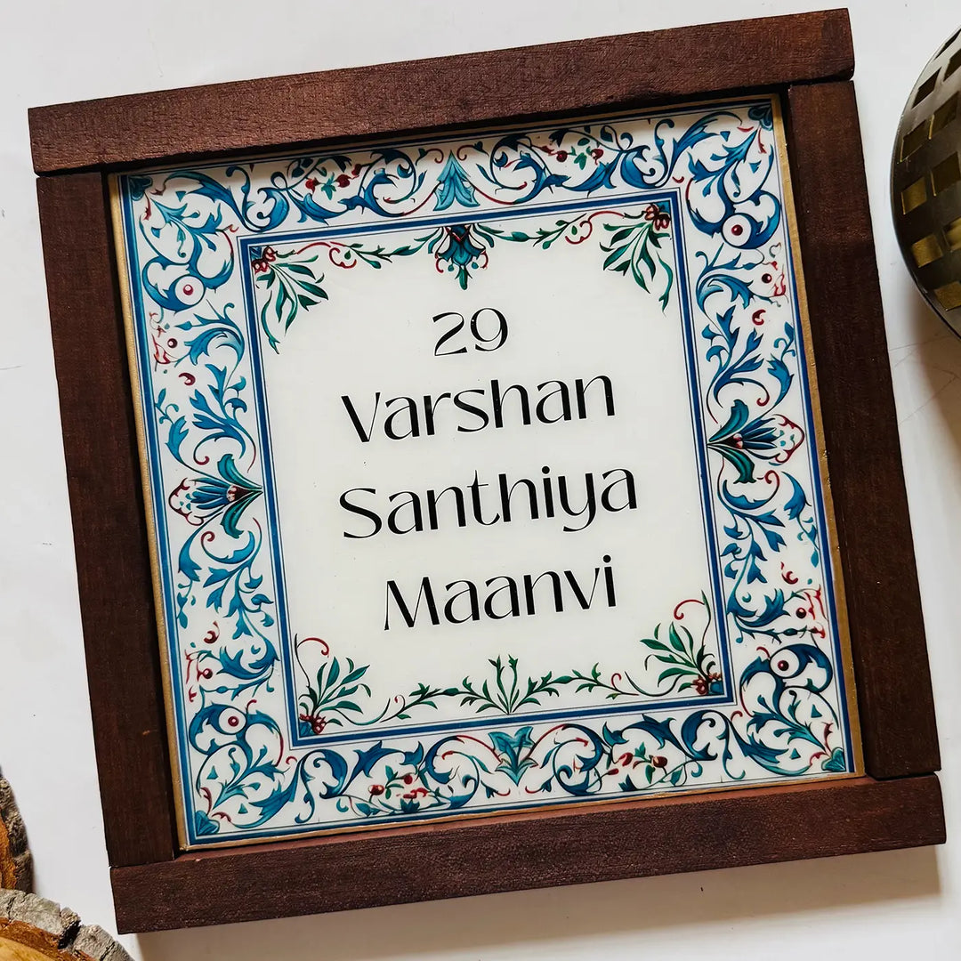 Blue & White Vintage Personalized Printed Framed Square Resin Name Plate