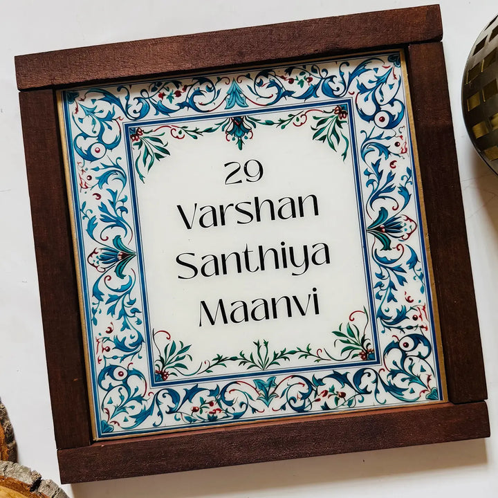 Blue & White Vintage Personalized Printed Framed Square Resin Name Plate