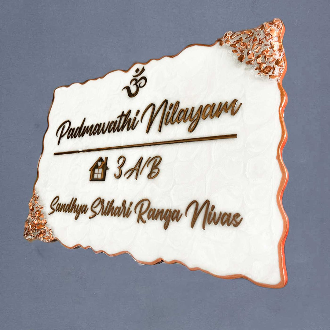 Personalized Pearl White Swirl Design Resin Name Plate - Angled View Showing Thickness and Detail