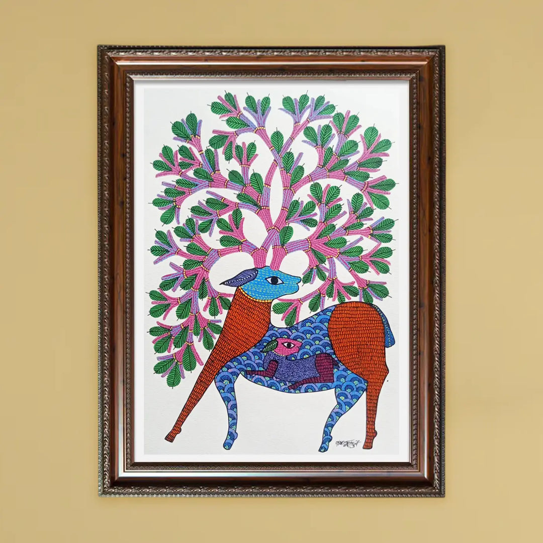 11 x 16 Inch | Deer With Tree | Original Hand Painted Tribal Gond Art Painting | Acrylic Paint On Paper