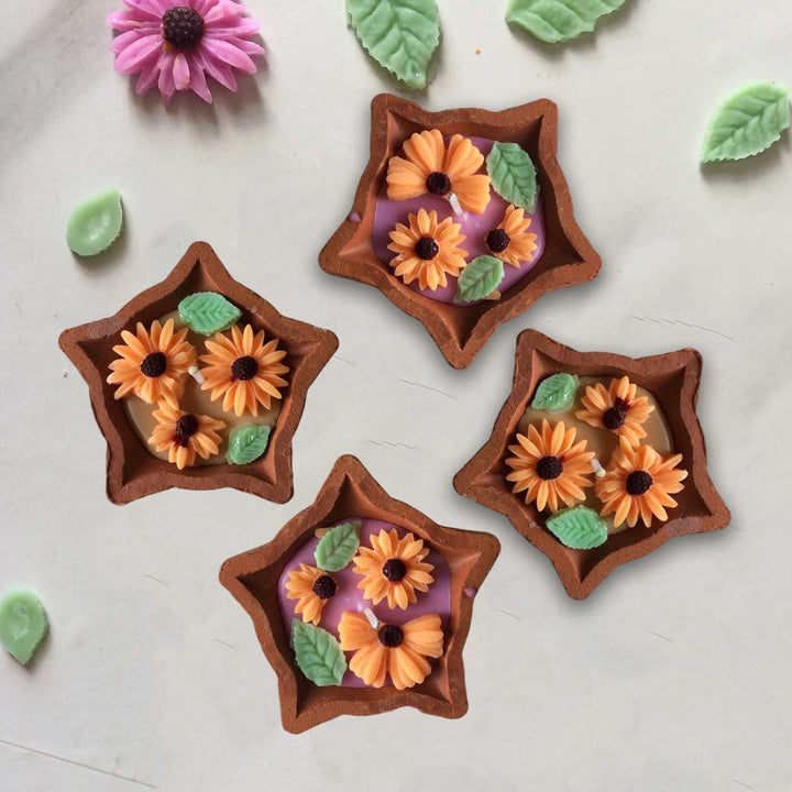 4 pc | Handmade Orange Floral Diya Shaped Terracotta Candle