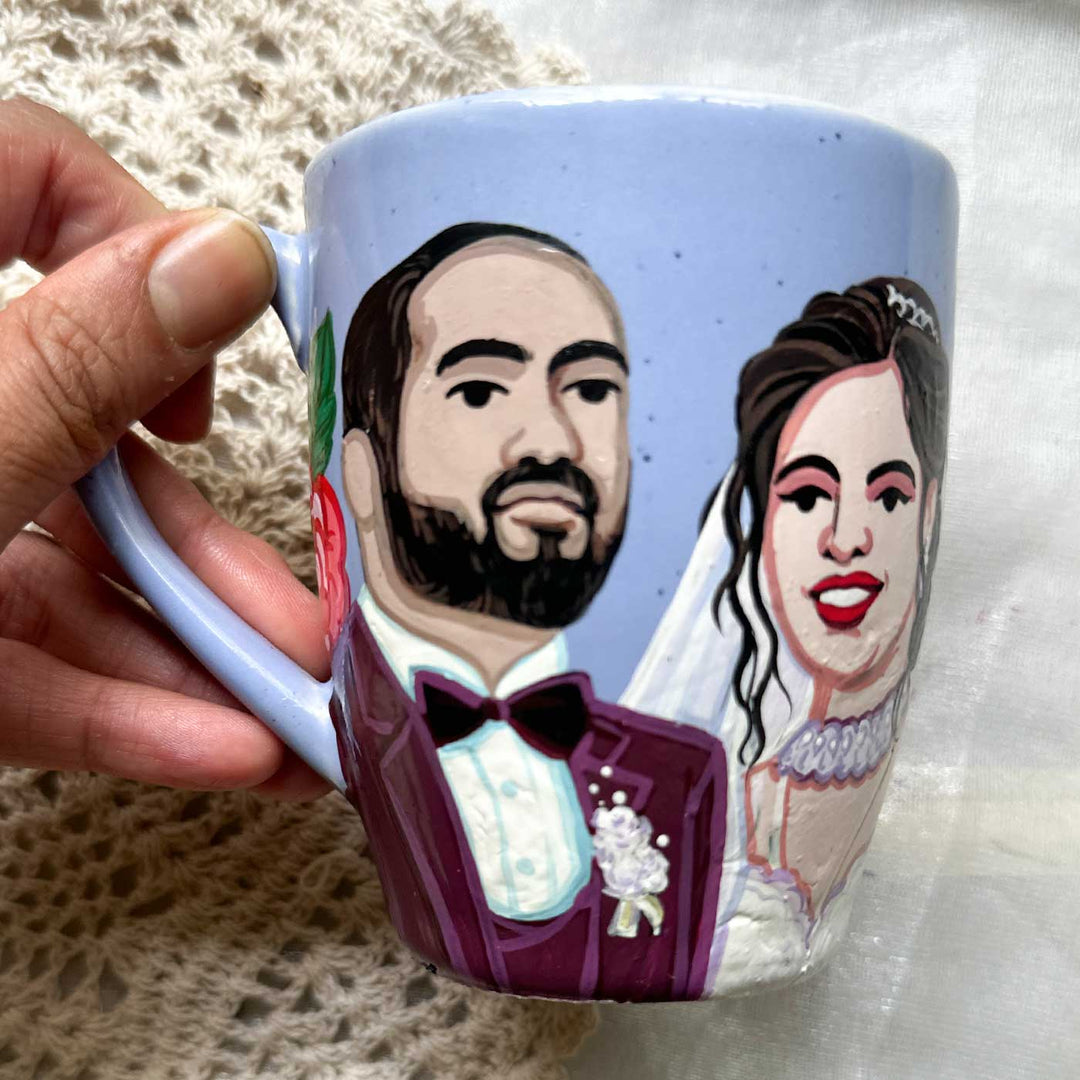 Photo Personalized Hand-Painted Wedding Illustration Ceramic Mug For Couples | 300 ML