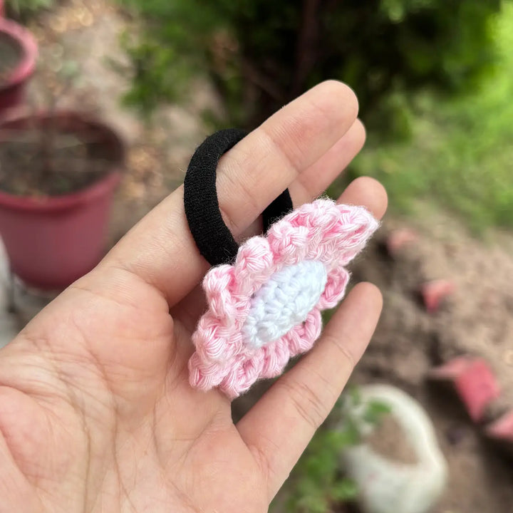 Handmade Crochet White Daisy Flower Design Cotton Hair Tie