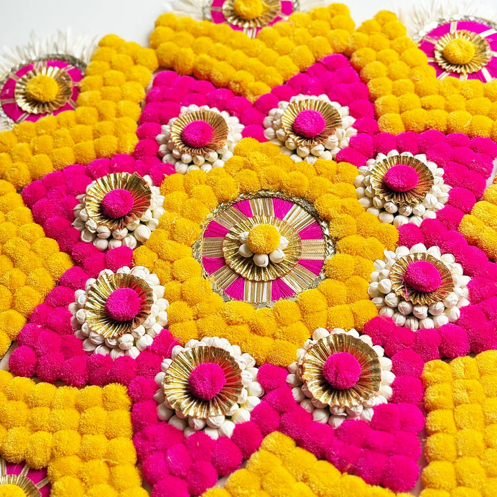 Reusable Pink & Yellow Floral Rangoli | 1 Center Piece And 8 Side Piece