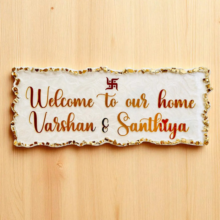 White & Gold Personalized Marble Effect Rectangle Resin Name Plate | With 3D Acrylic Letters & Gold Stone Embellishment
