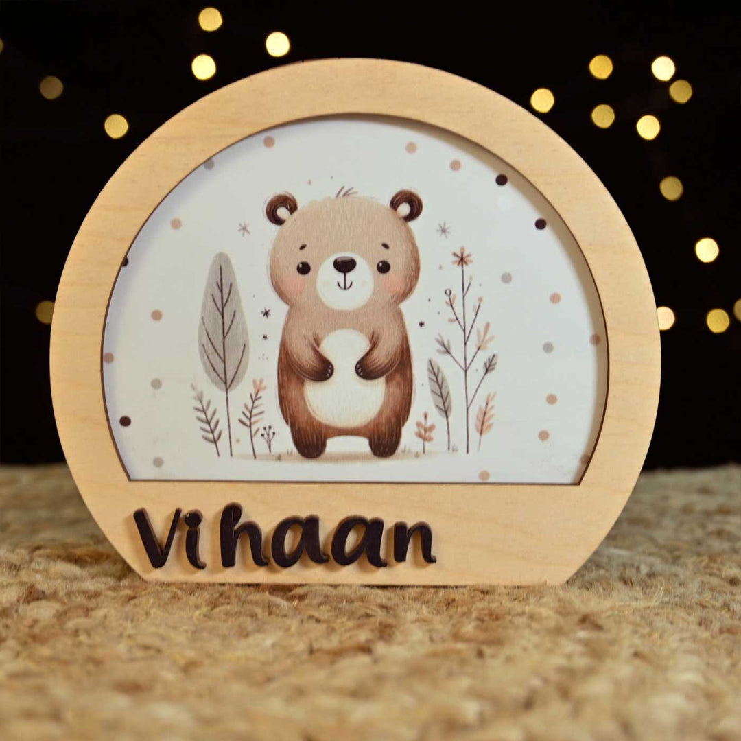 Personalized Bear Theme Wooden Table Lamp For Kids With 3D Letters