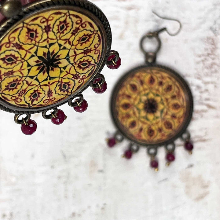Yellow Floral Queen’s Dome Mandala Metal Earrings