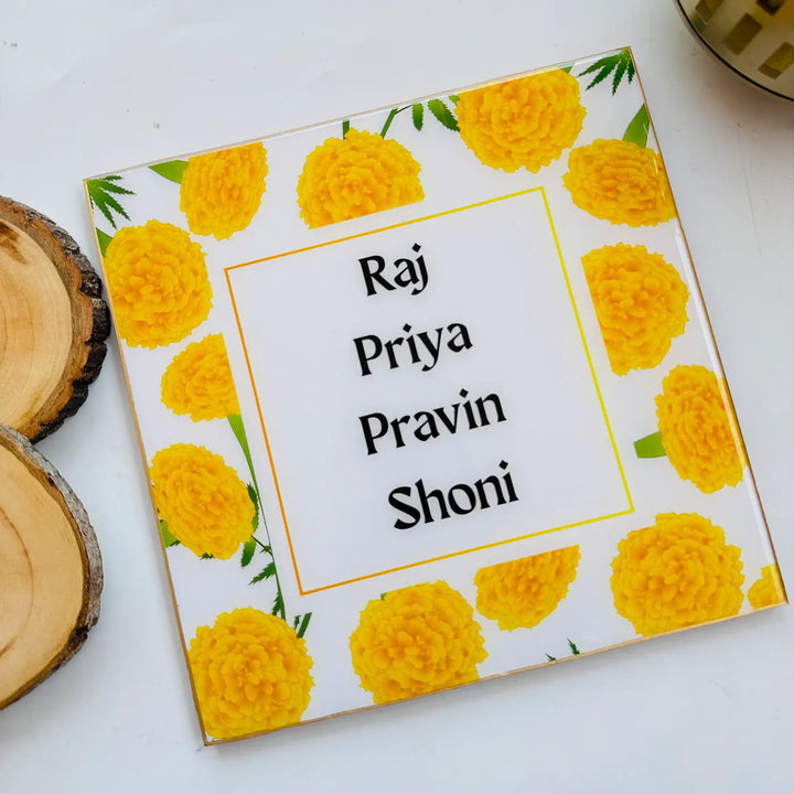 Yellow Marigold Personalized Framed Square Resin Name Plate