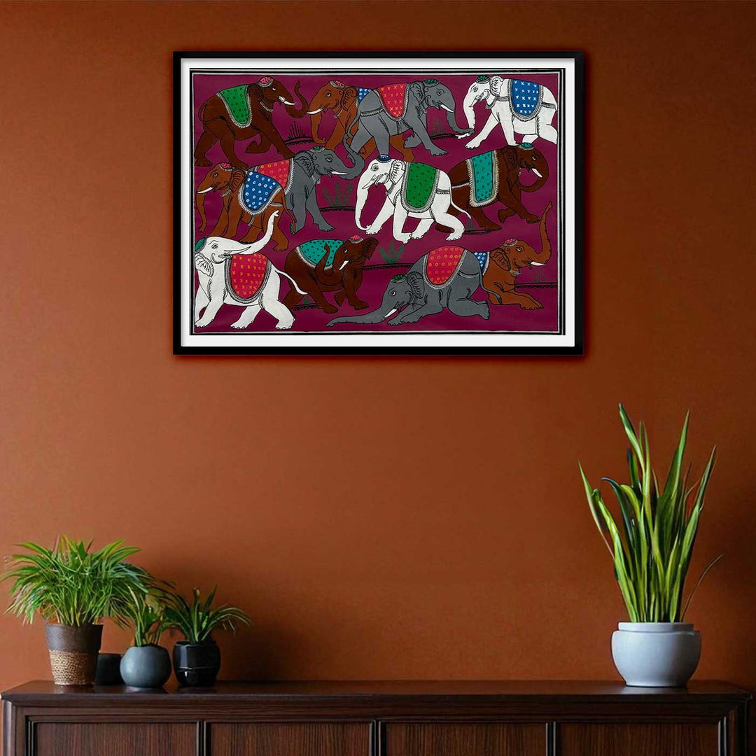 16 X 12 Inch | Handmade Silk Elephant Herd Painting