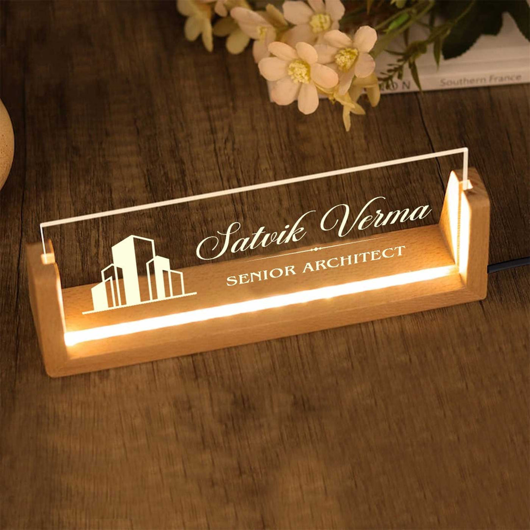 Personalized Architect Sleek Glass Desk Nameplate With Led Light - Lit Personalized Name Plate Display