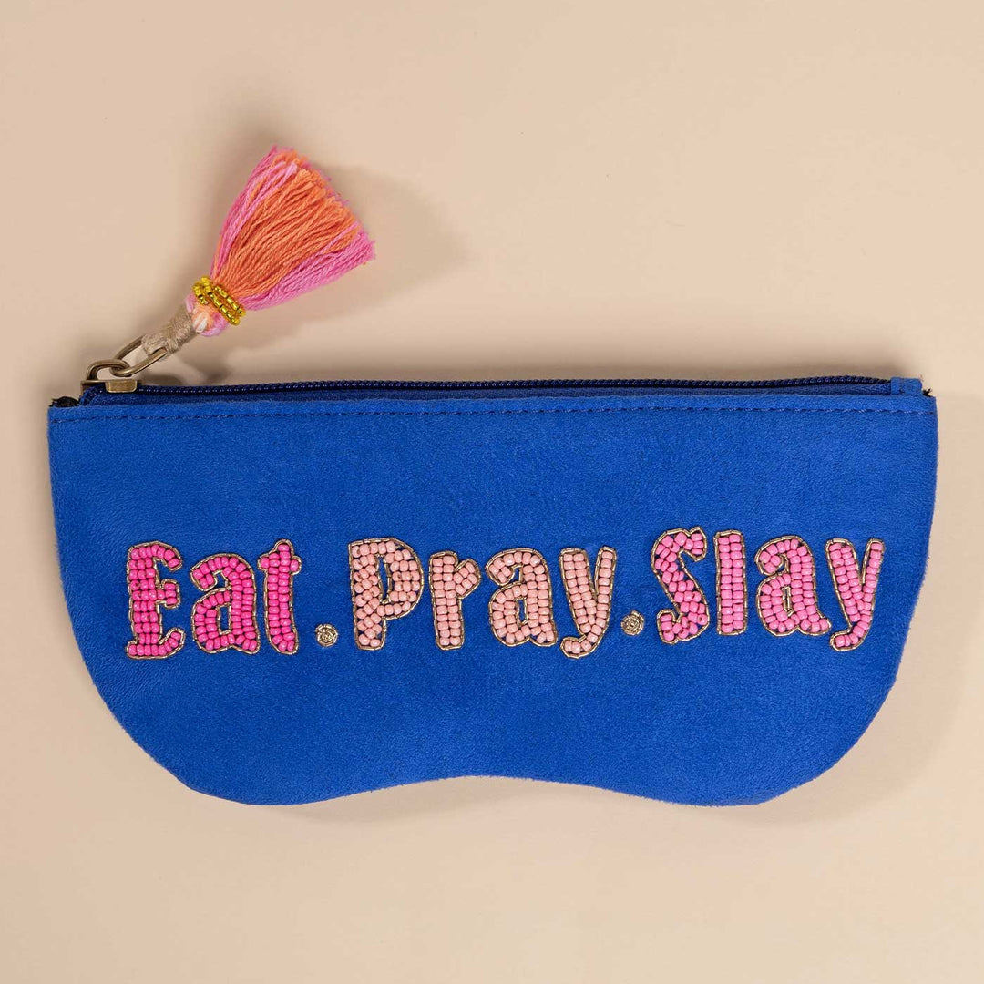 Handmade Embroidered Eat Pray Slay Design Suede Sunglass Cover