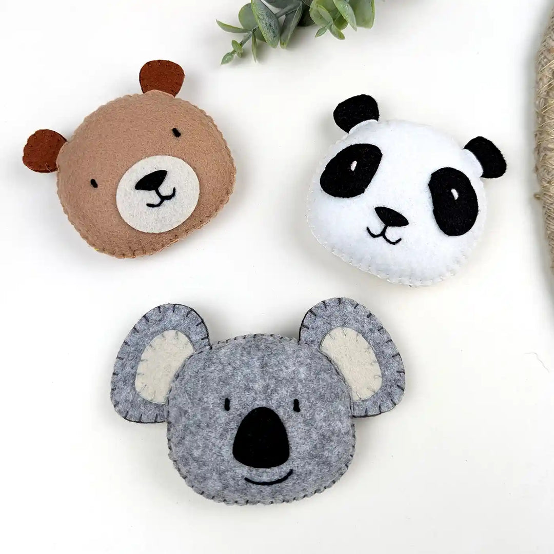Handmade Bear, Panda & Koala Theme Felt Brooches | Set Of 3