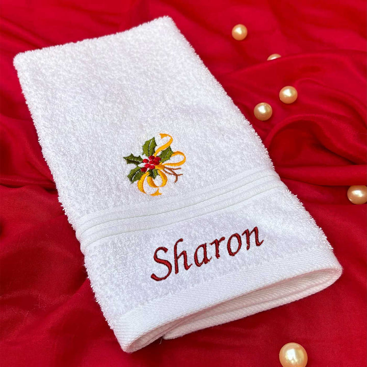 Personalized Holly Leaves Embroidered Cotton Hand Towel | Xmas Gifting Ideas