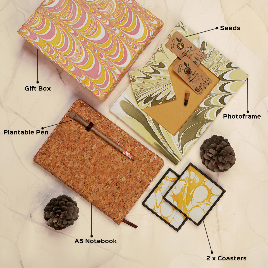 Eco-Friendly Handmade Hamper | 1 A5 Cork Hardcover Notebook, 1 Plantable Pen, 2 Seeds, 1 Photoframe, 1 Card, 2 Coasters & 1 Gift Box