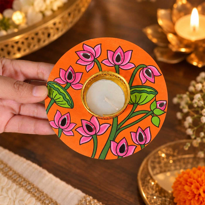 Set of 4 | Handcrafted Colourful Lotus Round Wooden Tealight Holders